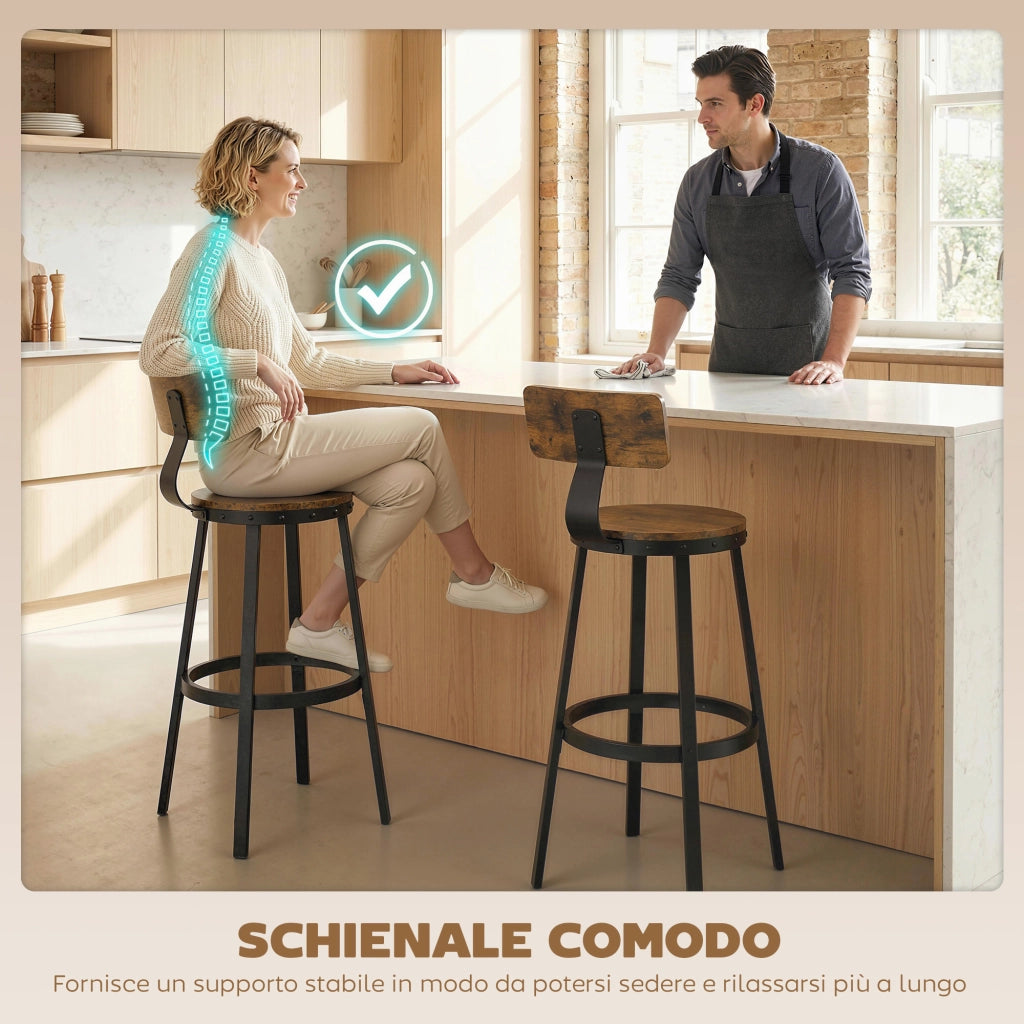 Set 2 Sgabelli da Bar Stile Rustico con Poggiapiedi, in Legno e Metallo, 37x47x96 cm, Marrone
