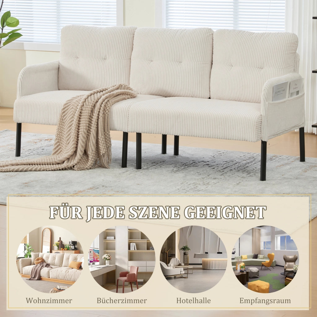Divano a 3 posti in tessuto corduroy con seduta ampia, tasca laterale, schienale ergonomico e struttura in metallo beige