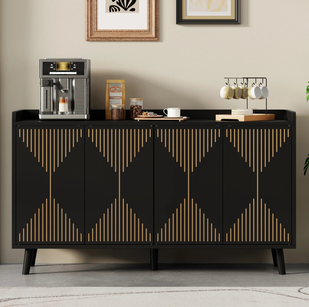 Credenza con 4 ante; ripiani regolabili e vano aperto; MDF; nera; 140 x 40 x 84 cm