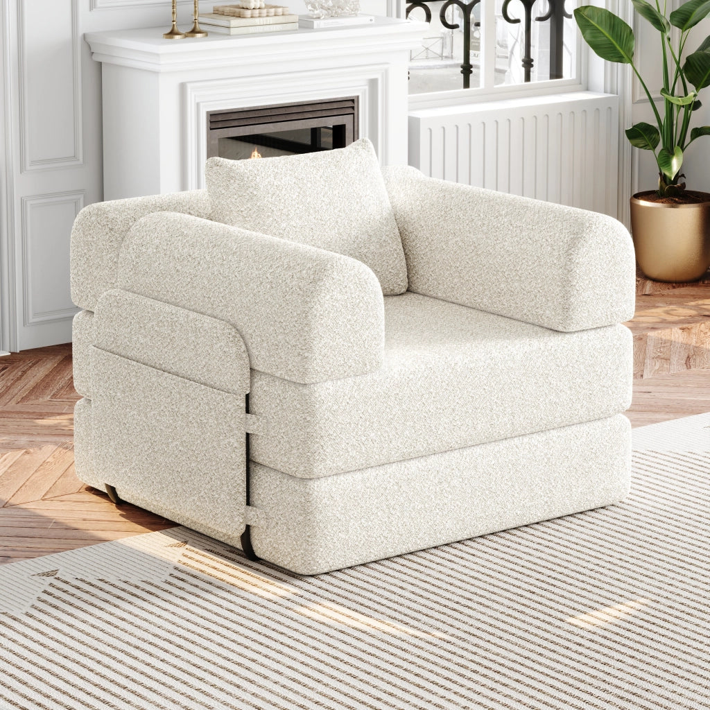Divano letto convertibile in ciniglia con vano nel bracciolo, struttura in acciaio e base antiscivolo beige