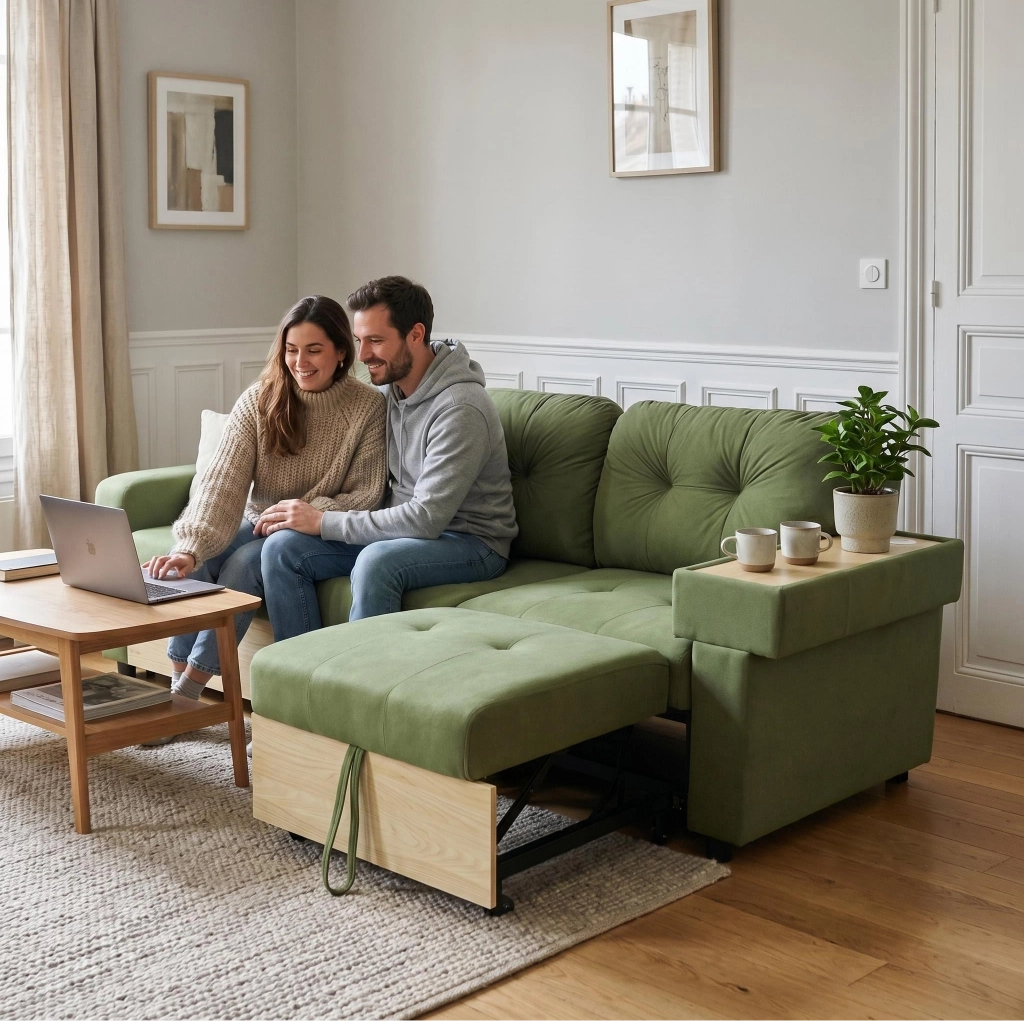 Divano Angolare 3 Posti con Penisola Estraibile ¨C MINIMAL ¨C Velluto Verde, Contenitore, Braccioli in Legno