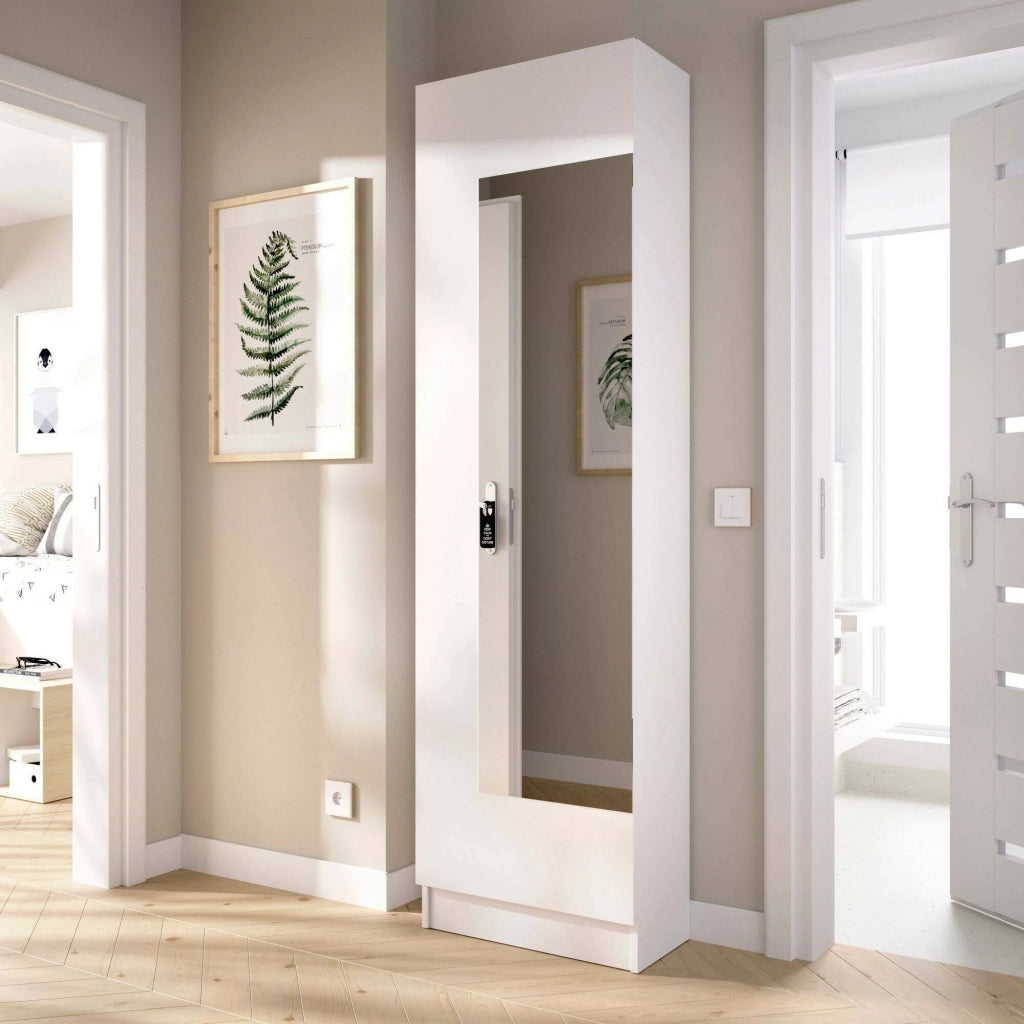 Scarpiera Arlanda, Portascarpe salvaspazio da ingresso, Mobiletto portascarpe a 1 anta a specchio, 50x27h186 cm, Bianco