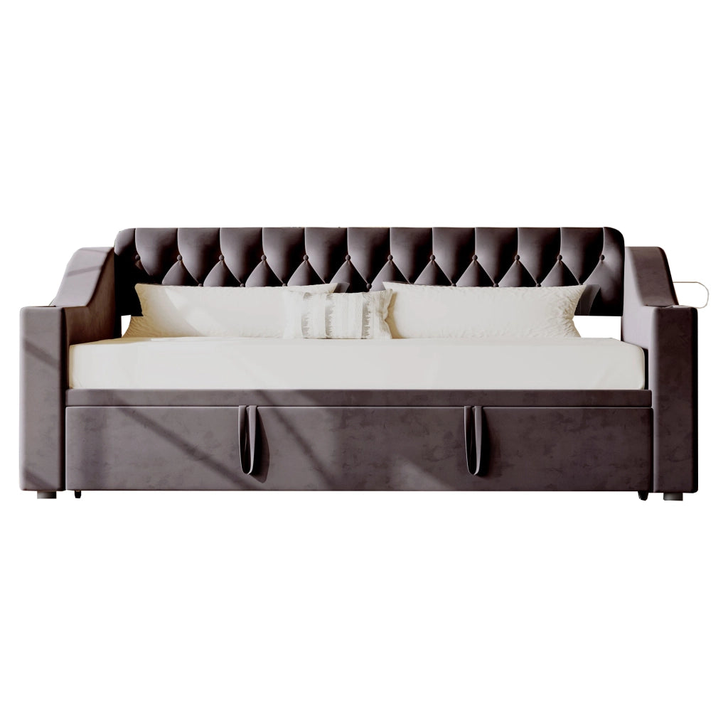 Letto estraibile singolo 90×190 cm con USB e Type-C; vano portaoggetti; rete inclusa; senza materasso; grigio scuro