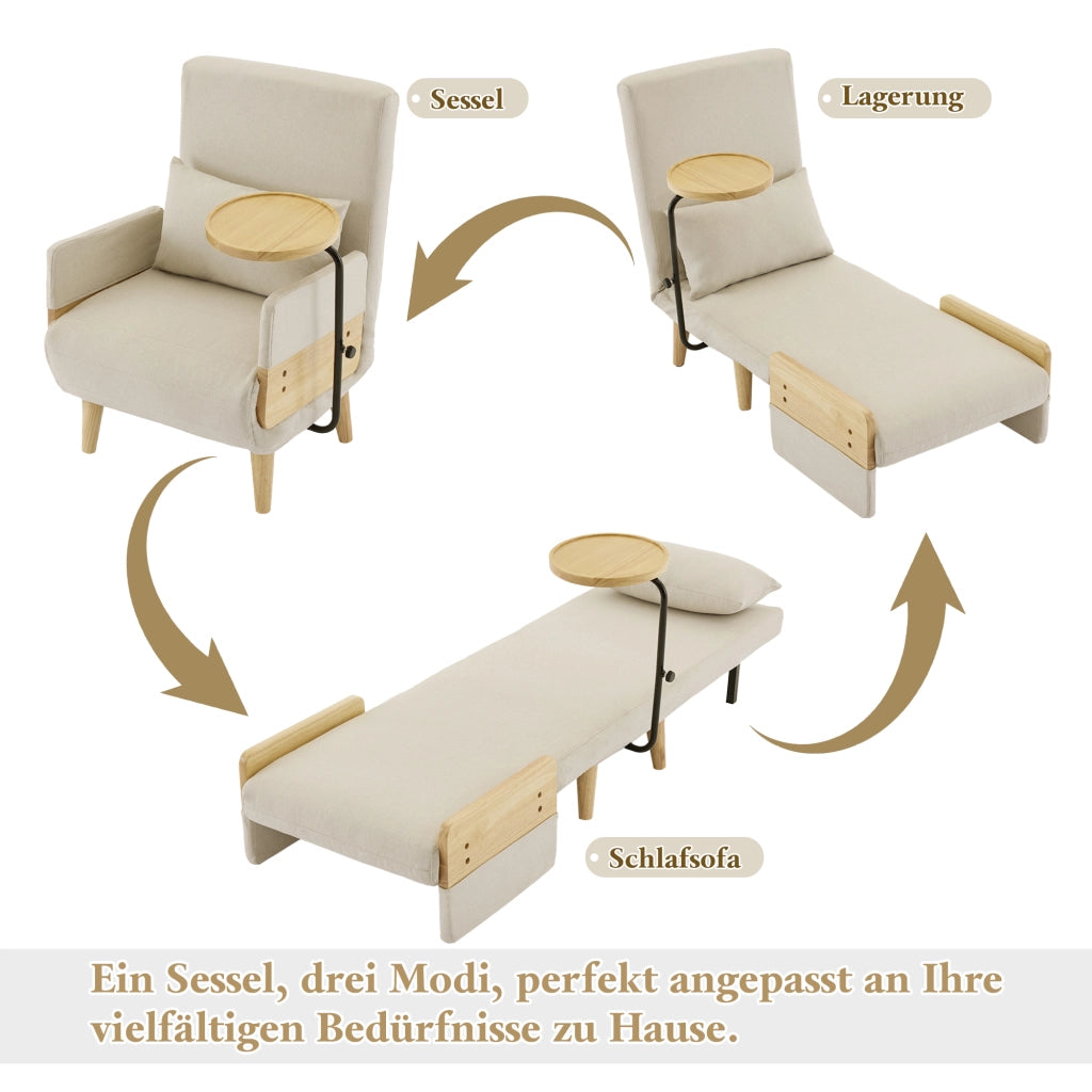 Poltrona convertibile 3 in 1 con schienale reclinabile a 6 posizioni; cuscino; vassoio girevole; in lino beige 88 Ã— 74.5 Ã— 66 cm