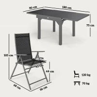 Set da Giardino 7 Pezzi con 6 Sedie Pieghevoli e Tavolo Allungabile, in Acciaio, Alluminio e Rete Grigio e Nero