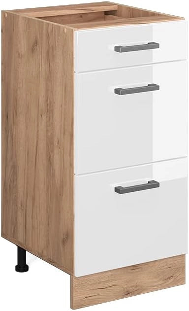 Mobiletto base per cucina R-Line, Bianco lucido, 40 cm con cassetti, senza piano di lavoro, per la libera combinazione all'interno di sistemi cucina modulari