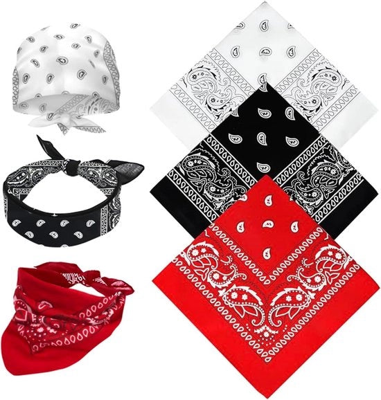 Tris di bandana a fiori paisley in cotone puro multifunzionale per collo capo sciarpa fazzoletti 3 pezzi (rosso bianco nero)