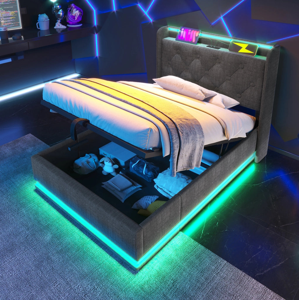 Letto imbottito singolo 90x200 cm con LED; USB Type-C e contenitore; tessuto lino grigio