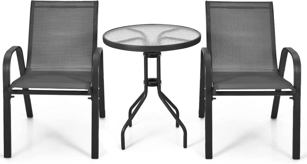 Set di 2 Sedie da Giardino con Tavolo in Vetro, Schienale Alto e Seduta Larga, Telaio in Acciaio Verniciato a Polvere, Tessuto Textilene Traspirante, per Balcone e Esterno (Nero)