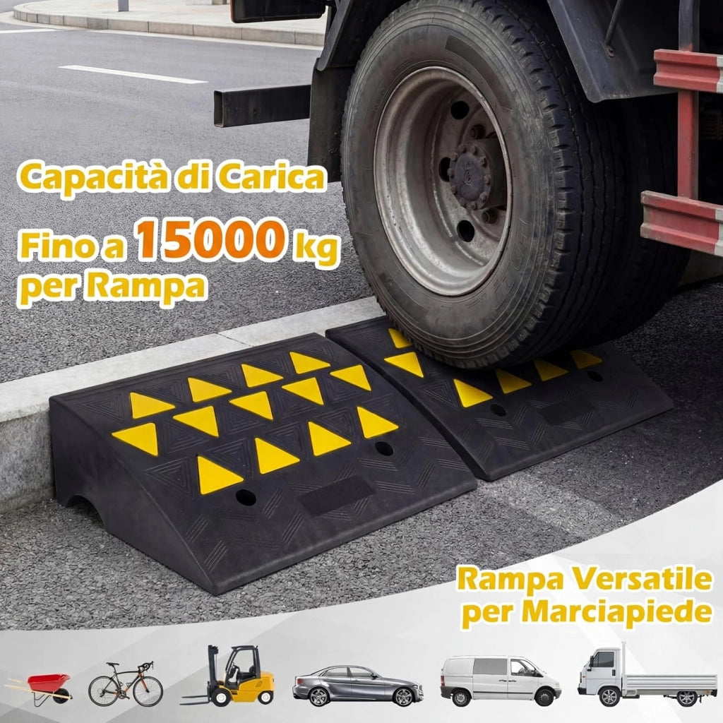 Set di 2 Rampe per Soglia, Rampa per Marciapiede in Gomma Antiscivolo con Strisce Riflettenti Triangolari Gialle e Fori di Drenaggio, Capacità Carico 15 Tonnellate (49 x 37 x 16cm)
