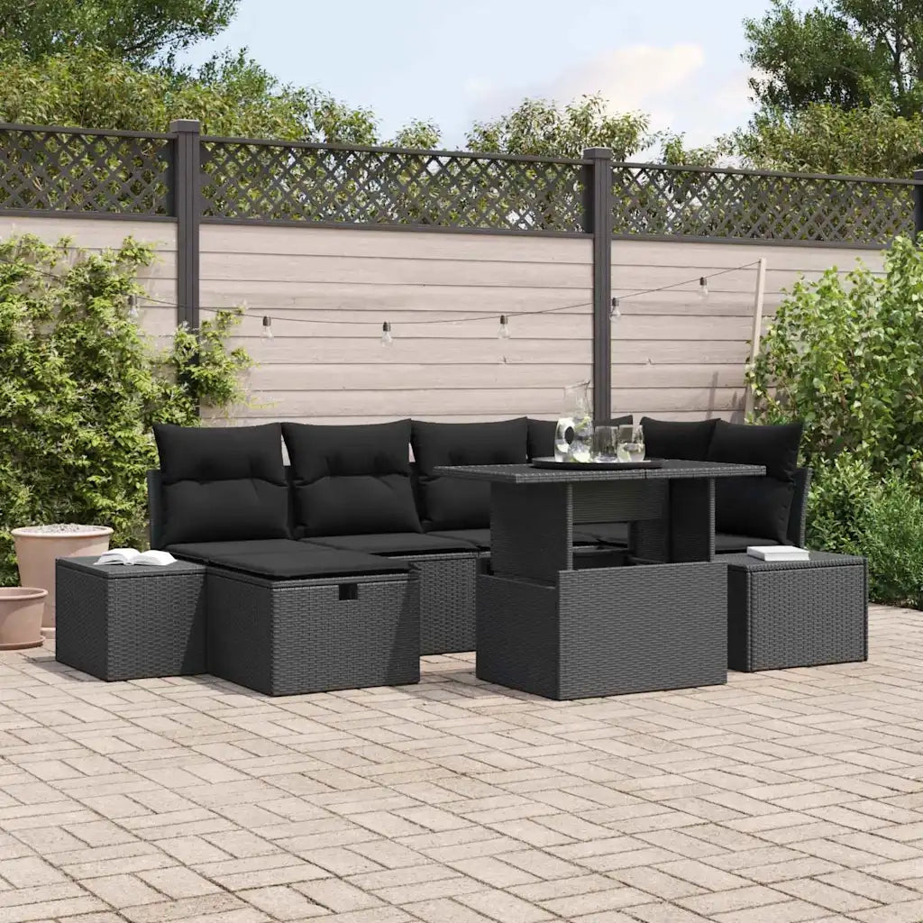 Set Divano da Giardino con cuscino 7 pcs Nero Poly Rattan