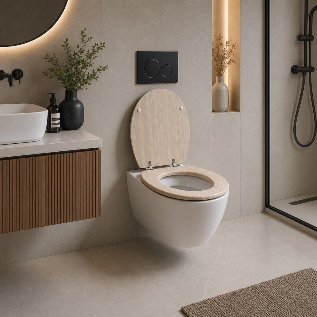 Sedile Copriwater Universale Per Bagno Wc MDF Beige Chiaro Effetto Legno 94106