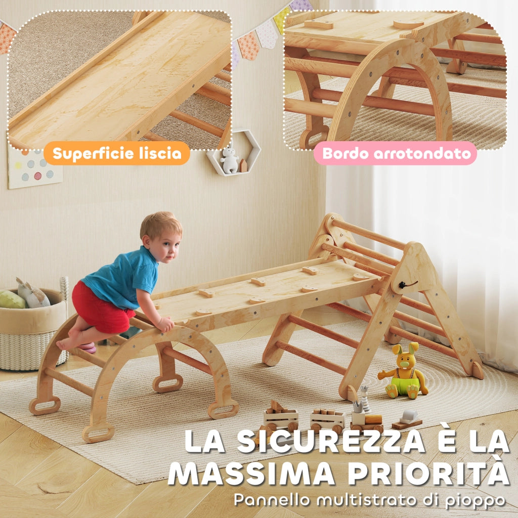Gioco per Bambini 5 in 1 con Triangolo. Parete Liscia e Arco. in Legno di Pioppo e Pino. 188x70x59 cm