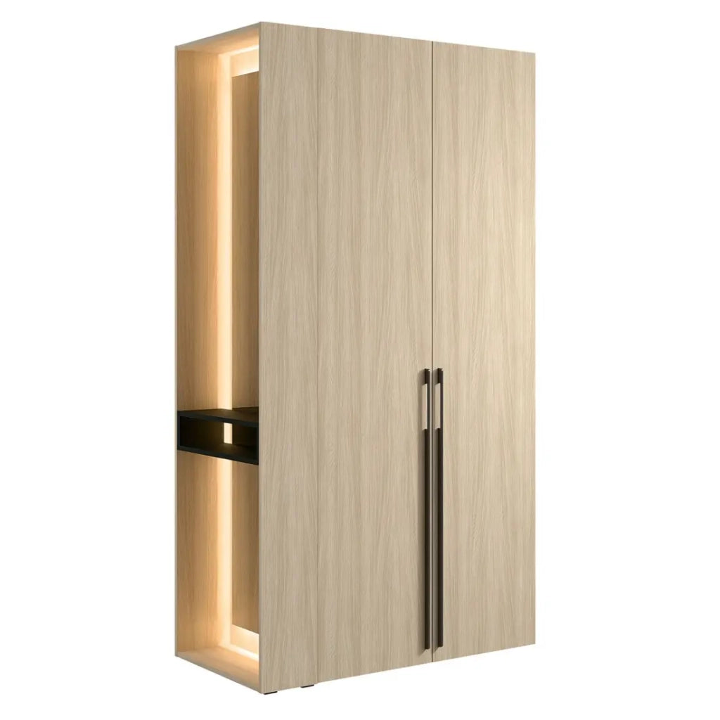 Armadio design SORIA 204 cm in quercia e nero con specchio LED, nicchia e ripiani - 2 ante a battente