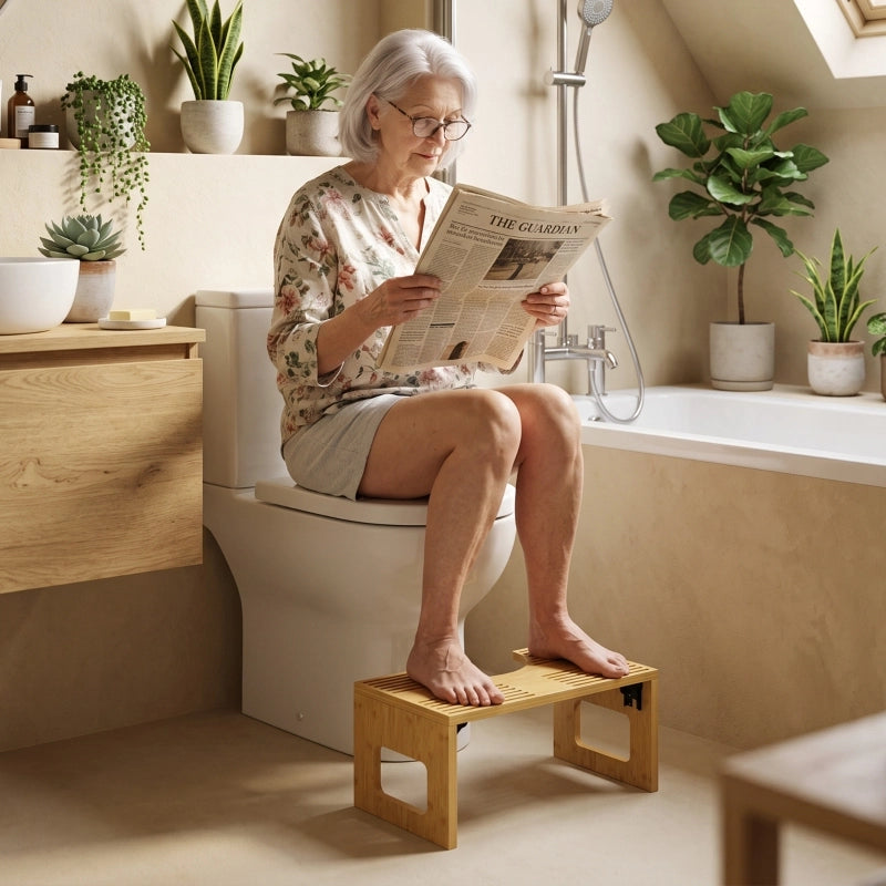Sgabello da bagno in bambù colore quercia, pieghevole e antiscivolo per adulti