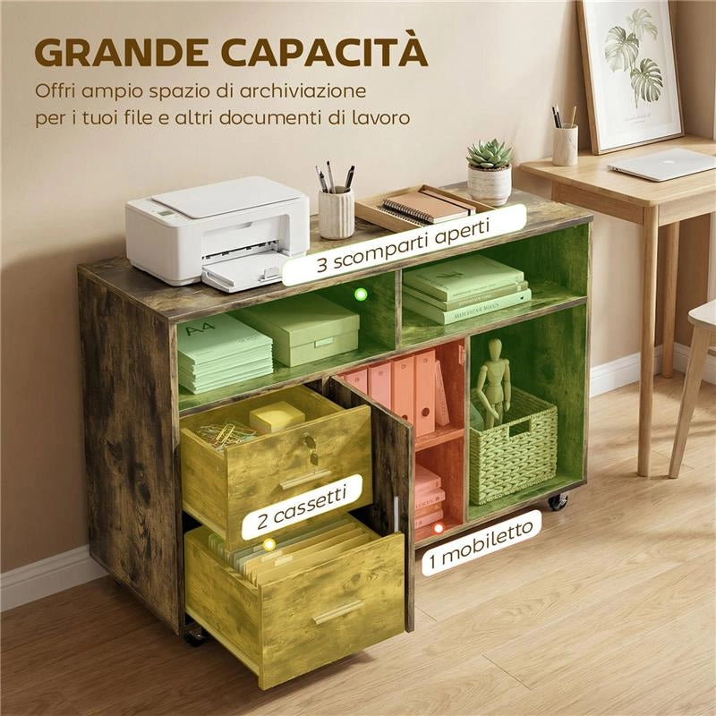 MOBILE PORTA STAMPANTE A ROTELLE CON 2 CASSETTI, 3 RIPIANI E 2 ARMADIETTI, IN LEGNO, 100X35X65 CM, MARRONE