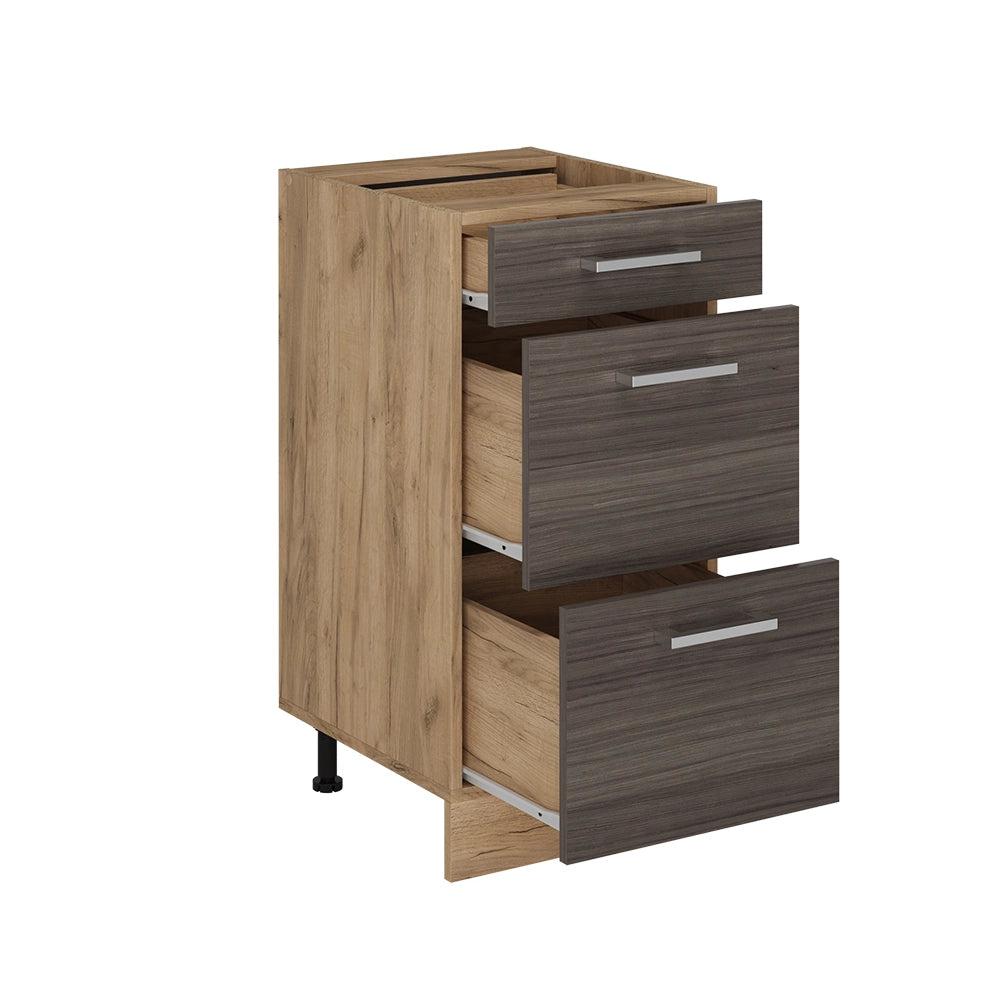 Mobiletto base per cucina R-Line Grigio nobile/Rovere dorato 40 cm con cassetti, senza piano di lavoro Vicco