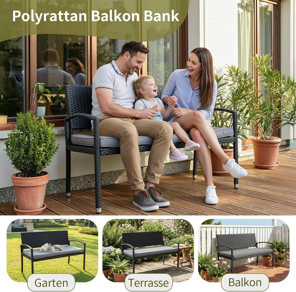 Panca da giardino, resistente alle intemperie, con cuscino, 2 posti, in polyrattan, portata 320 kg, accogliente mobili da giardino per esterni, 122 x 60 x 90 cm, per piccoli balconi, giardini
