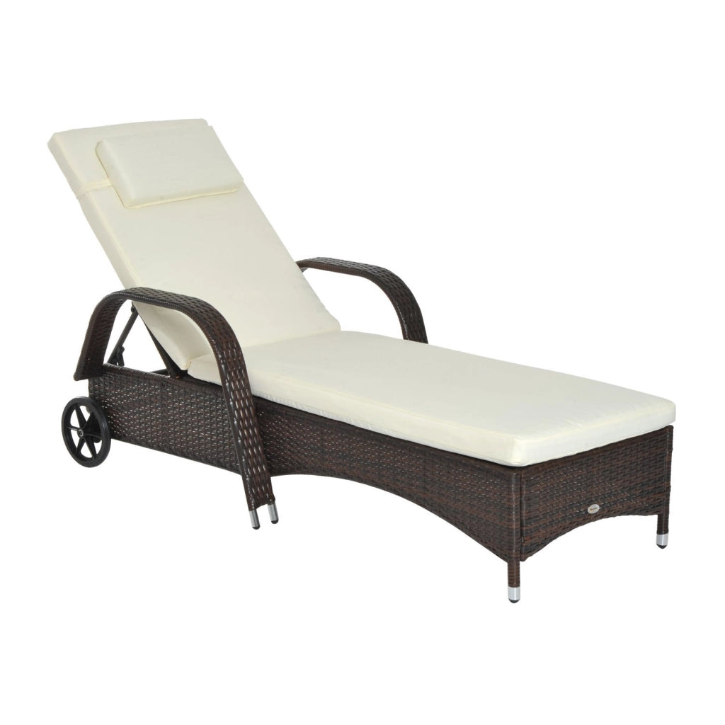 Easycomfort Lettino Prendisole da Giardino con Ruote, Sedia a Sdraio per Spiaggia con Altezza Regolabile in Rattan, Marrone e Crema, 200x73x103cm