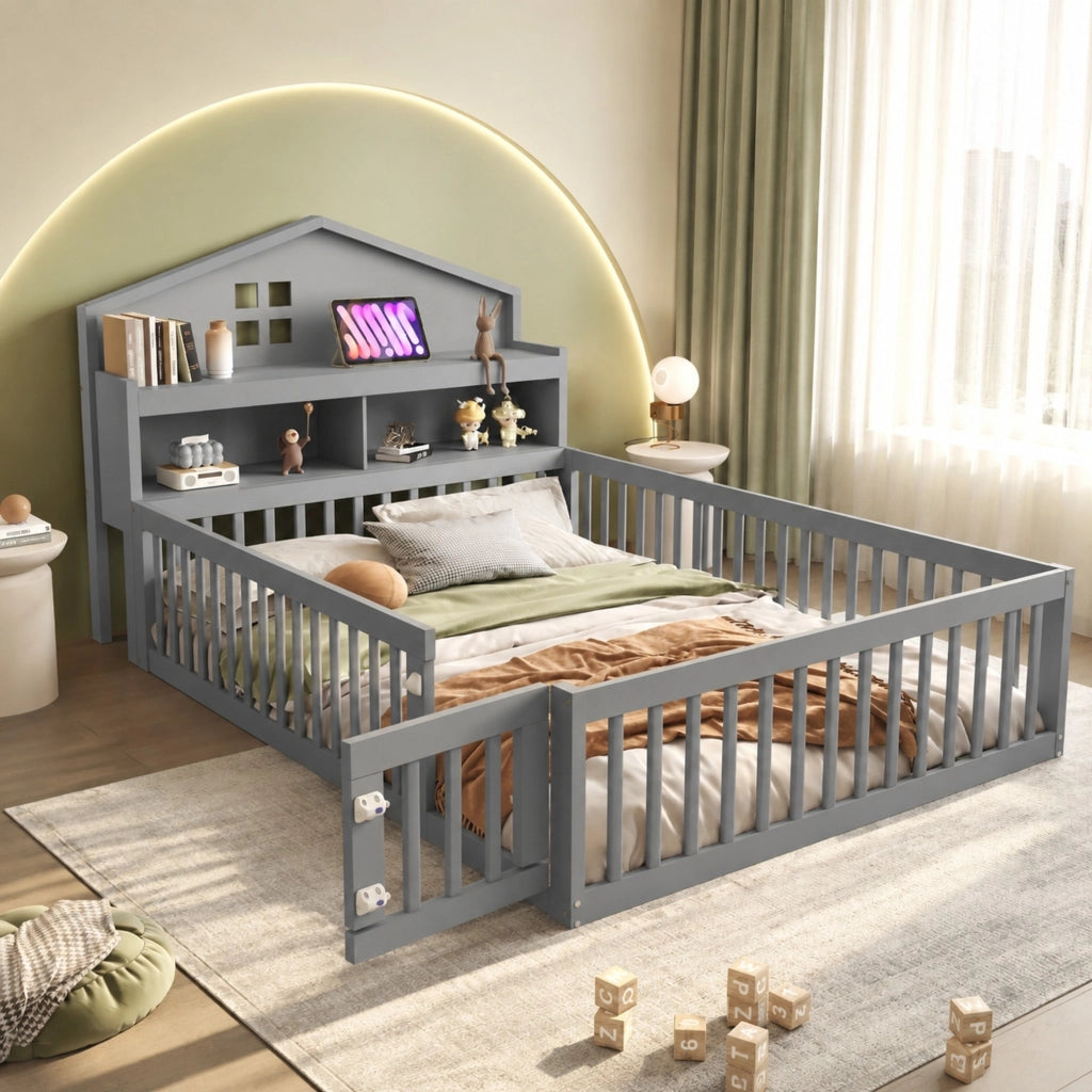 Letto per bambini a casetta 140x200 cm grigio con lavagna