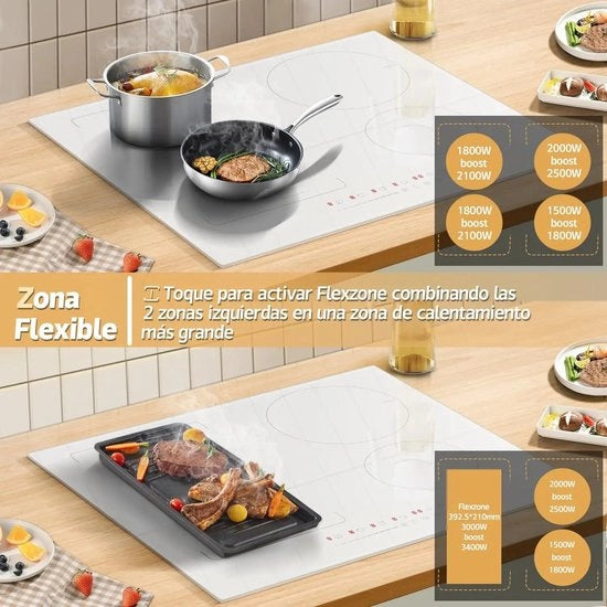 Fornello a induzione - 4 Zone con Cavo - 59CM - 3500W - Vetro Ceramico Bianco - Combinazione Zone - Regolatori di Traverso - 9 Livelli di Potenza
