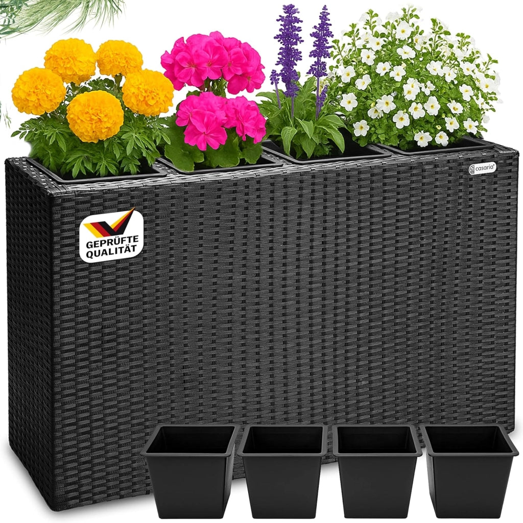 Fioriera Rettangolare 95x27x60 cm con 4 Vasi Interni in Polyrattan con Sistema di Drenaggio Fioriere Porta Vaso da Fiori Piante Divisorio Giardino Balcone Terrazza Grigio