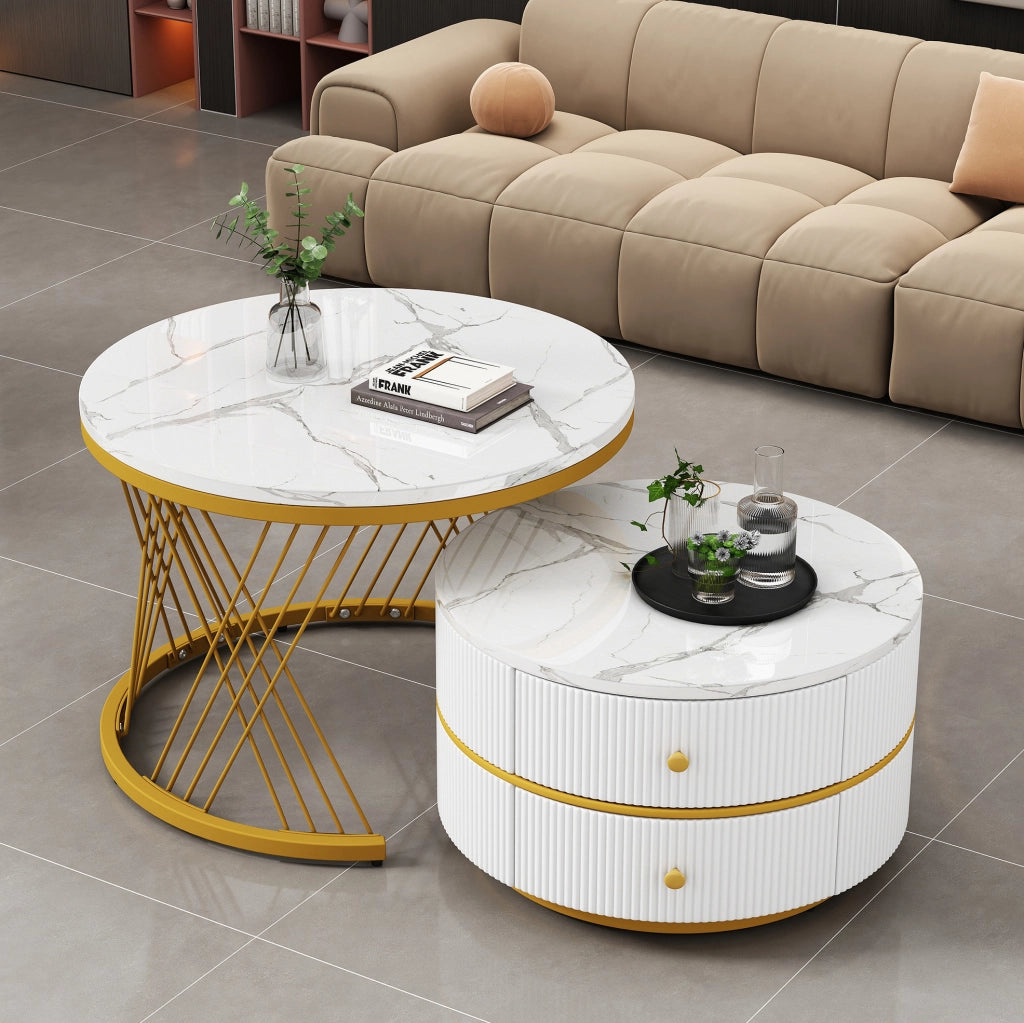 Set di 2 tavolini da caffè rotondi bianchi in MDF con effetto marmo lucido; 60x60x46 cm e 50x50x30;8 cm