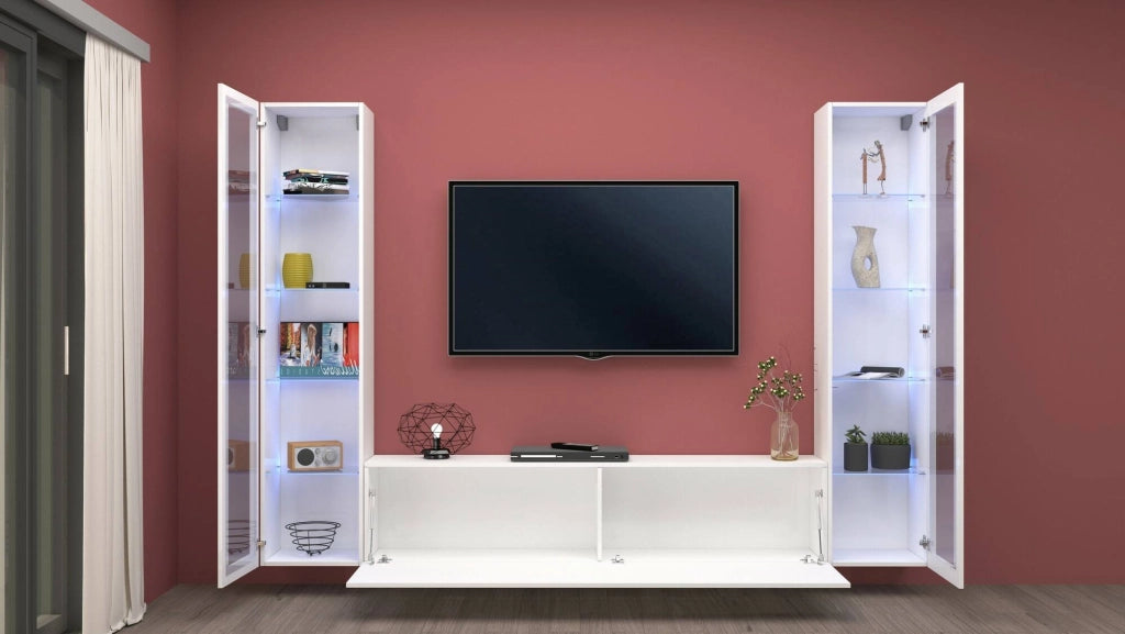 Mobile Soggiorno Leda, Parete Attrezzata 9 Ripiani Made in Italy, 260x30x180h cm Bianco Lucido