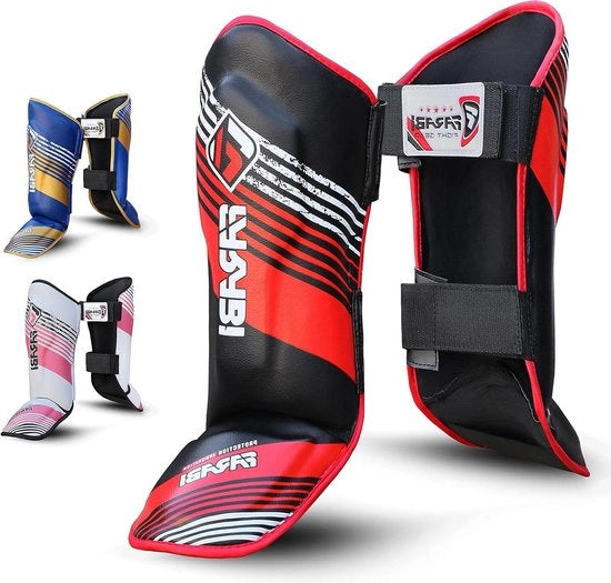 Scheenbeschermers per bambini per MMA, Muay Thai, kickboksen, karate, taekwondo e allenamento arti marziali nero-rosso