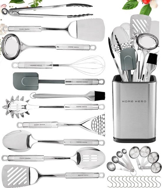 Set di accessori da cucina - Antiaderente - Resistente al calore - Set di spatole e cucchiai - Accessori da cucina (set da 32 pezzi in acciaio inossidabile)