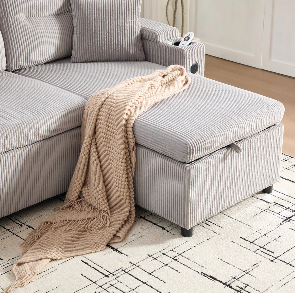 Divano letto 212.5x136x86 cm con chaise longue; letto estraibile e USB-C in corduroy grigio chiaro