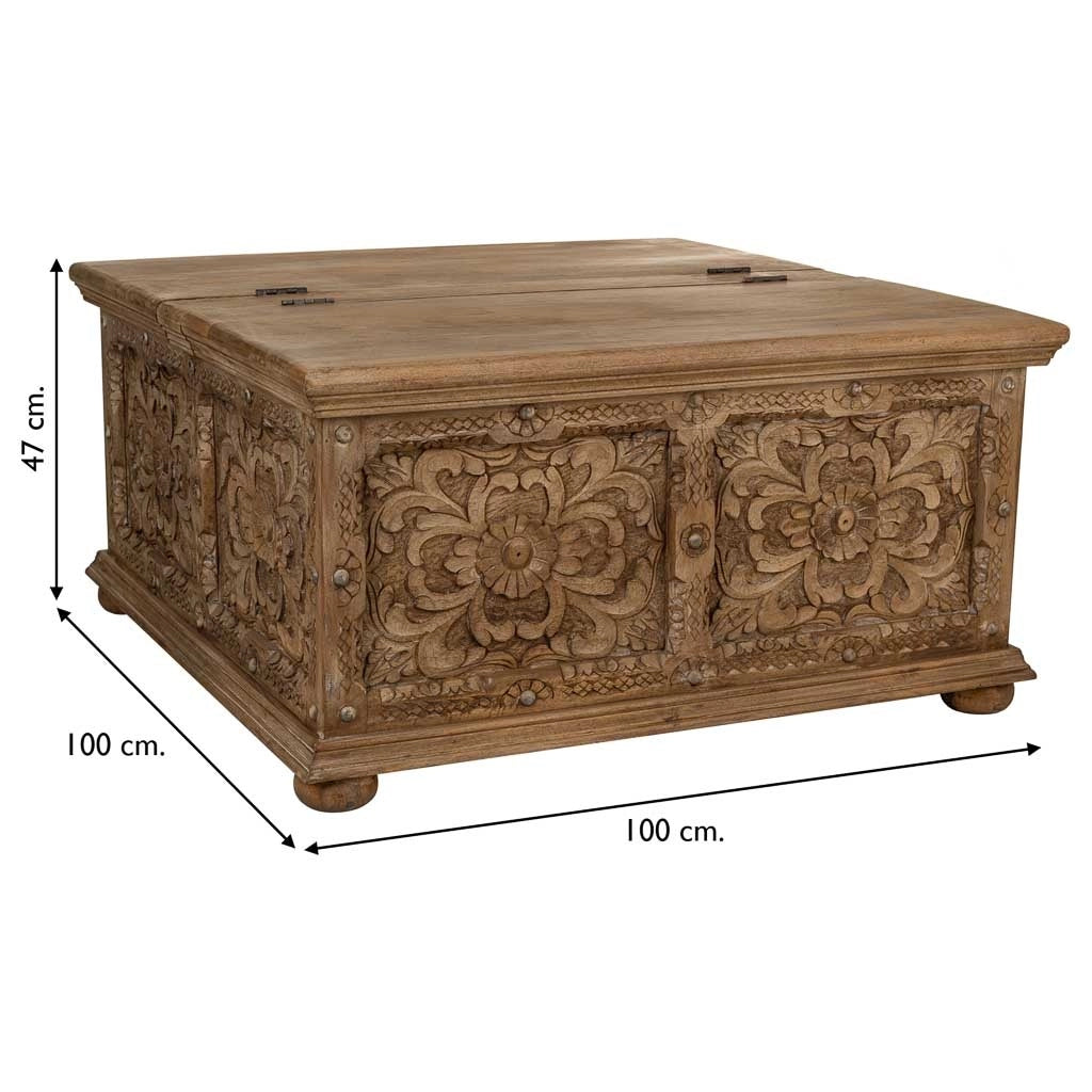 Tavolino baule in legno marrone fatto a mano 100x100x47h
