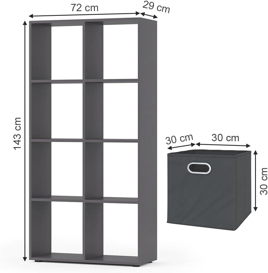 Scaffale Scutum, Grigio, 143 x 72 cm con 4 scatole pieghevoli, adatto come divisorio o scaffale aperto per riporre oggetti
