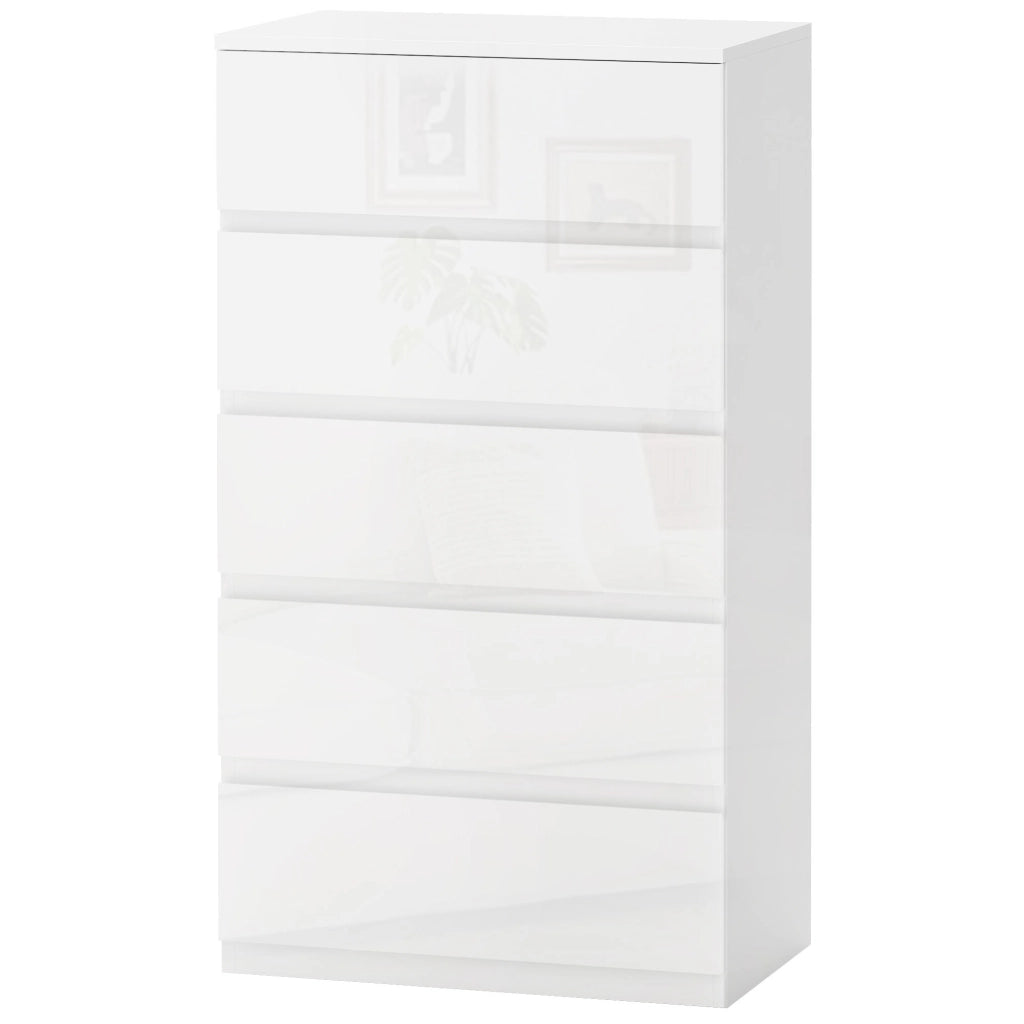 Cassettiera Moderna 5 Cassetti Antiribaltamento in Legno, 55x33x100 cm, Bianco Lucido