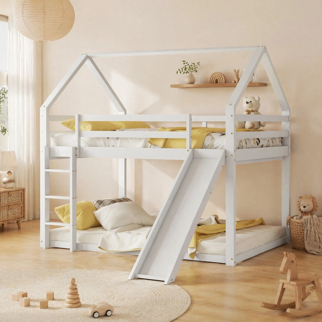 LETTO A CASTELLO A CASETTA CON SCIVOLO E SCALA 140x200 cm BIANCO