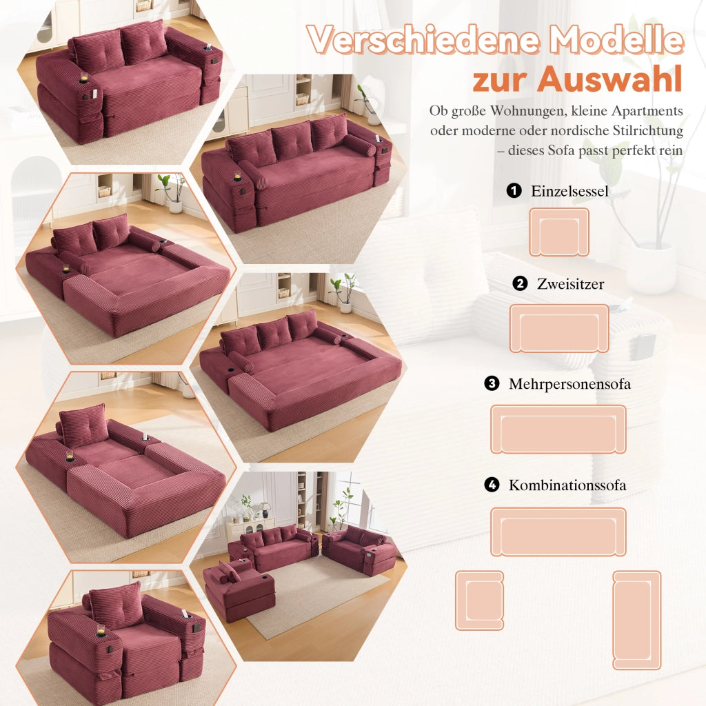 Divano letto in velluto a coste con cuscini memory, tasche laterali e portabicchieri, vino rosso 180 × 98 × 80 cm