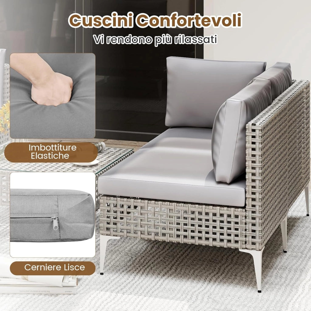 Tavolino e 2 Sedie da Giardino, Set da Conversazione in Rattan con Cuscini e Tavolino in Vetro Temperato, Set da Bistrò per Veranda, Balcone e Cortile (Modello 1,3 pezzi)