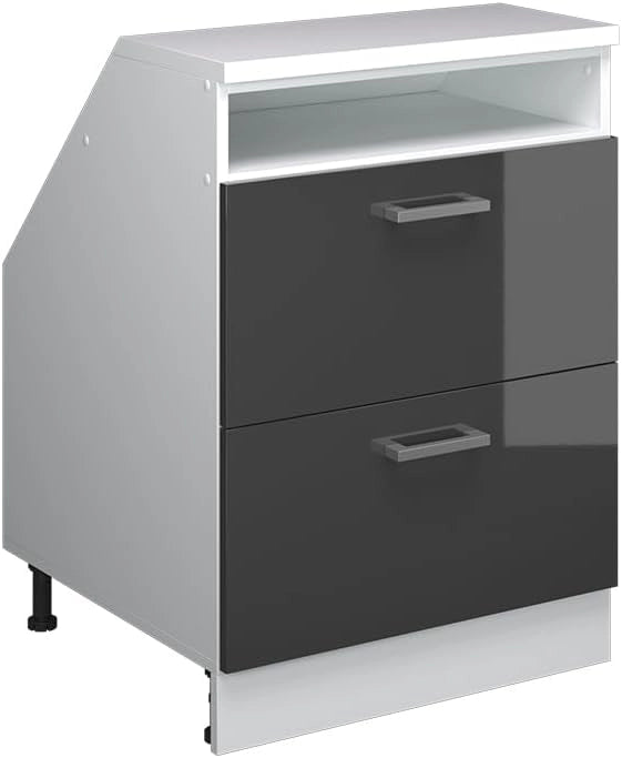 Mobile sottotetto Rion, Antracite lucido, 60 x 81.6 cm con 2 cassetti, carcassa 60 cm profondità, adatto per il salvaspazio sotto tetti spioventi