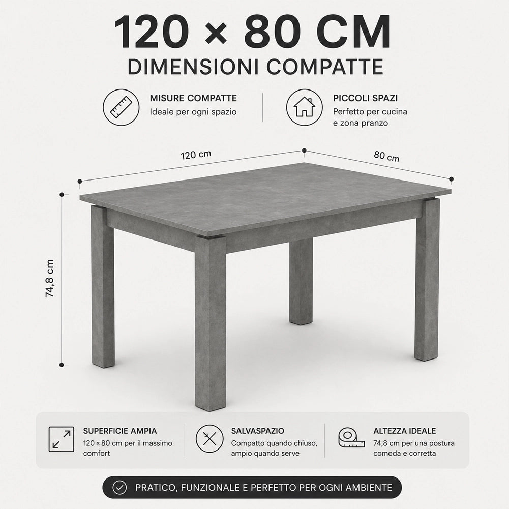 Tavolo da Pranzo 120x80 Allungabile fino a 170 cm Rettangolare in Legno Grigio