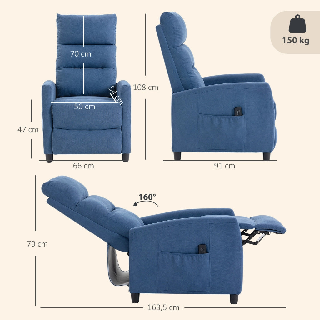 Poltrona Massaggiante e Reclinabile a 160° con Poggiapiedi e Telecomando, 66x91x108 cm, in Ciniglia Blu Scuro