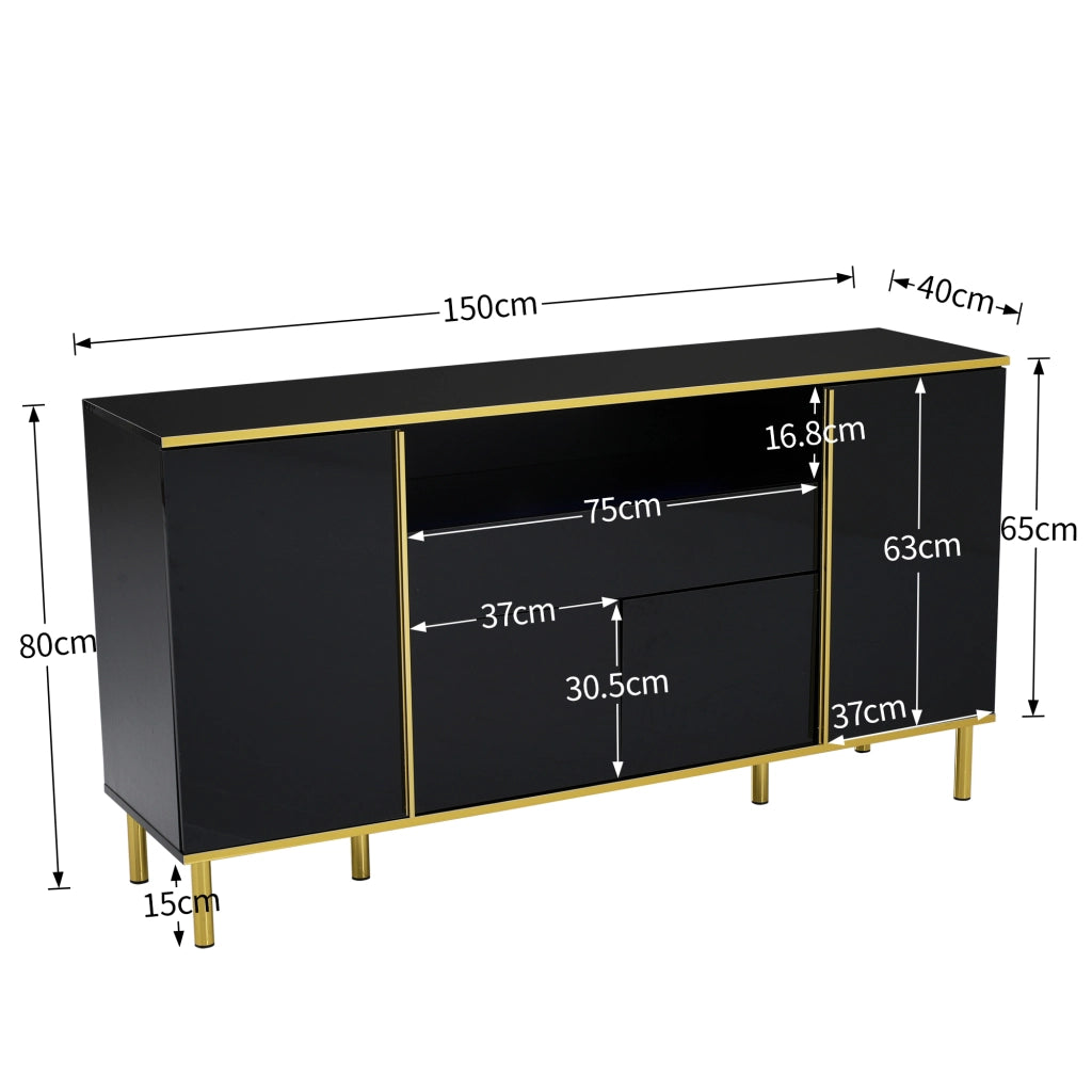 Credenza con 4 Ante; 1 Cassetto e LED; Nero Lucido con Dettagli Dorati; in MDF; 150??40??80 cm