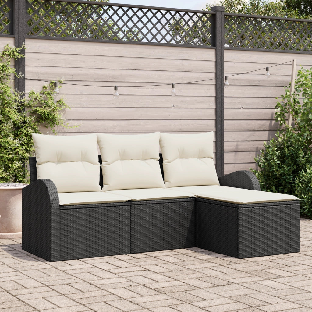 Set di Divano da Giardino 4 Pezzi con Cuscini Nero Rattan Polimerico