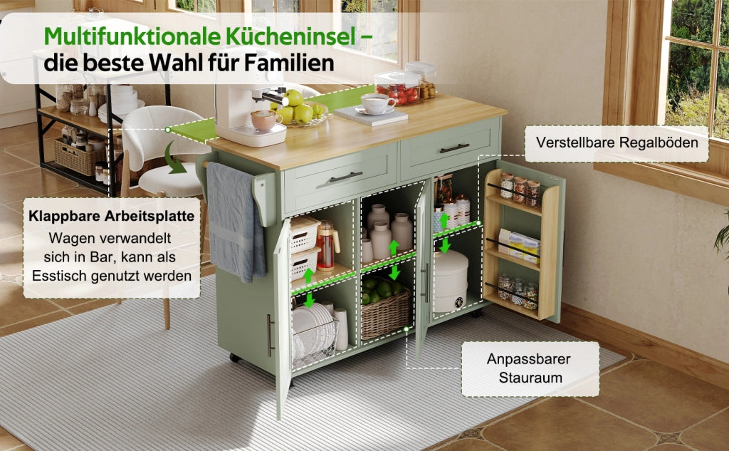 Carrello da cucina con piano ribaltabile 2 cassetti 3 vani ripiani regolabili e portasciugamani in MDF verde antico
