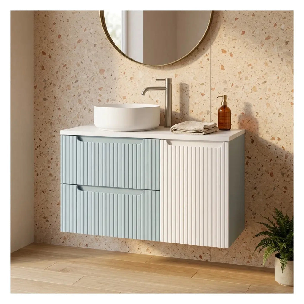 Set VANO blu denim e bianco 100cm: mobile sottolavabo con cassetti e cesto per la biancheria integrato + piano per lavabo
