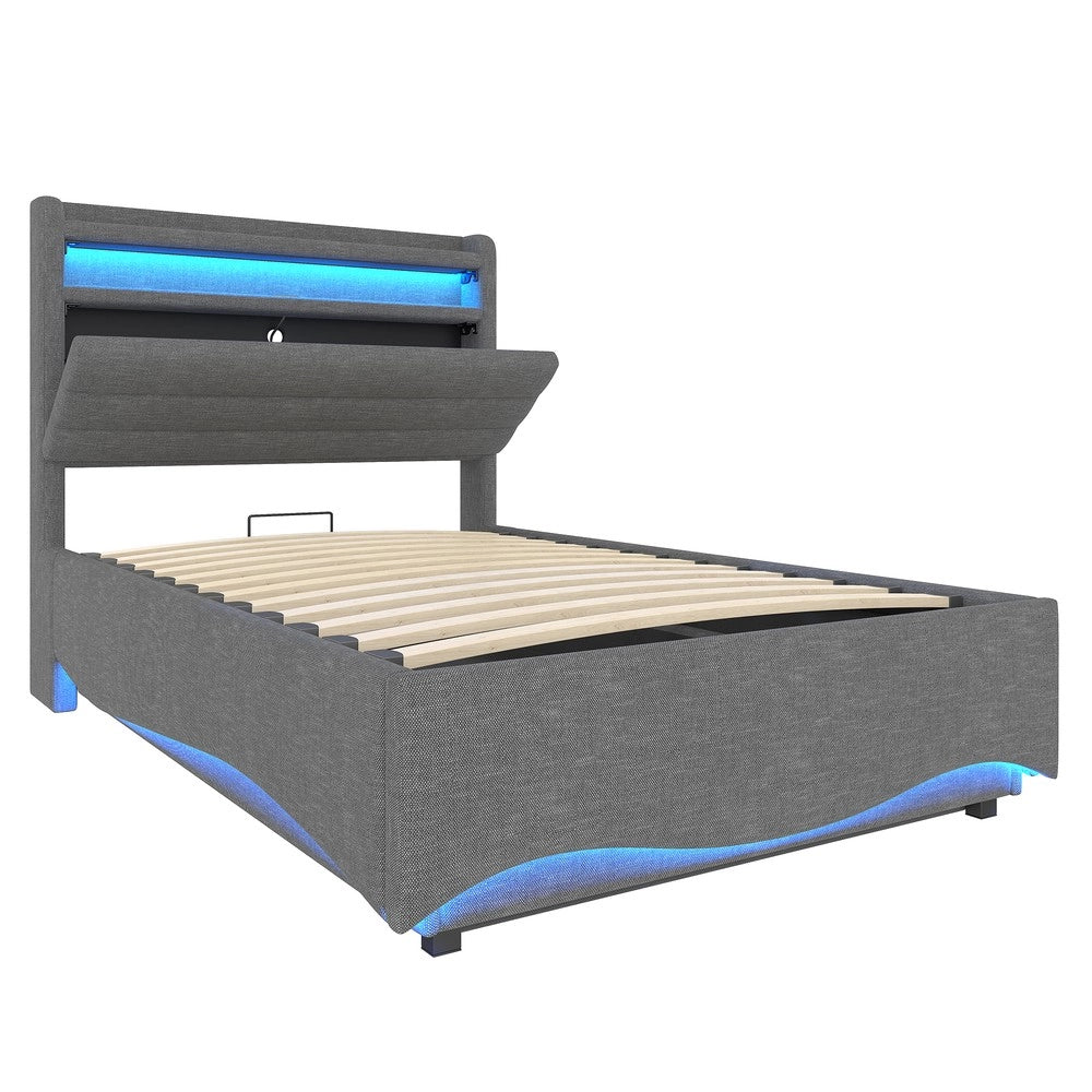 Letto Imbottito Contenitore con LED ¨C MINIMAL ¨C Tessuto Grigio, 90x200, Idraulico