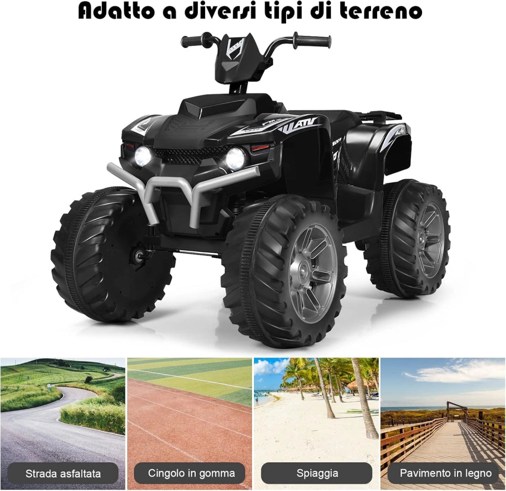 12 V Quad Elettrico per Bambini, Auto Elettrica Cavalcabile con Luci LED e Musica, Velocità Fino a 5km/h, per Bambini 3-7 Anni (Nero)