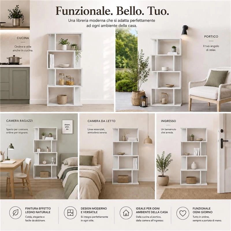 LIBRERIA CUBICA IN LEGNO BIANCO MODERNA 4 RIPIANI SFALSATI DIMENSIONI 70X24X127 CM
