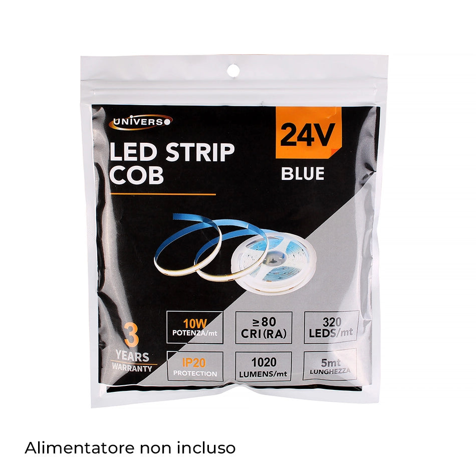 STRISCIA LED COB 5M TAGLIABILE LUCE BLU A 24V - ELEVATA LUMINOSITA' 1020 LM/m CON ANGOLO DI ILLUMINAZIONE A 180°