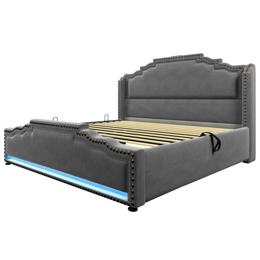 Letto Imbottito Contenitore 140x200 con LED ¨C MINIMAL ¨C Velluto Grigio, Idraulico, Rete a Doghe