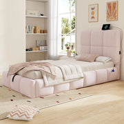 Letto singolo imbottito rosa con contenitore, rete a doghe e USB